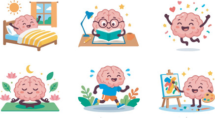 Fototapeta premium Cute Brain Character Daily Routine Activities Vector Illustration Set