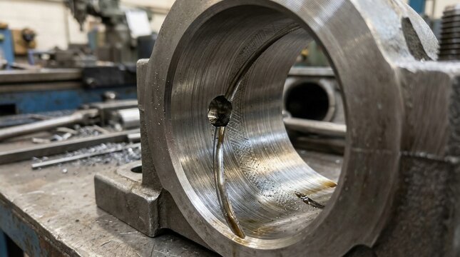 Close up of a machined metal bearing housing in a workshop.
