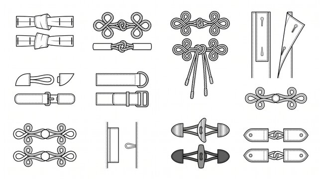 Set of Fashion Technical Drawings of Garment Closures including Frog Knots, Toggles, and Straps