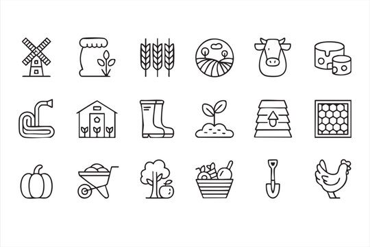 Organic agriculture icon set for farm markets, gardening apps, homestead blogs and harvest graphics