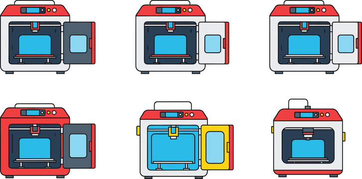 3D printer collection illustration, additive manufacturing machines and printing equipment, modern technology devices