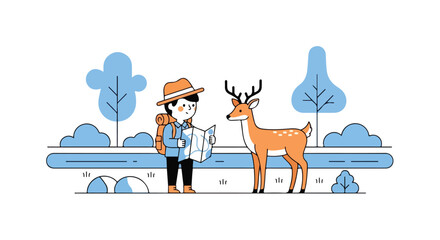 A young hiker with a backpack and map stands next to a graceful deer in a scenic, blue-toned forest landscape during an outdoor adventure. © Syifa