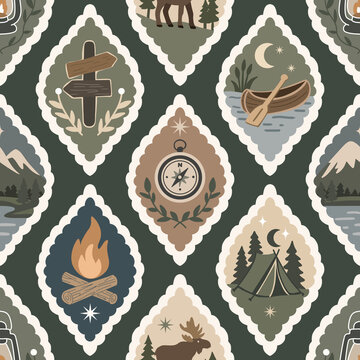 Wilderness camping seamless pattern with forest campsite badges including campfire compass canoe tent mountain and moose in rustic style