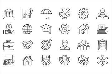 Fototapeta premium Business strategy line art collection with target, handshake, checklist, analytics and leadership concepts