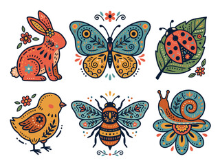 Obraz premium Garden Critter Folk Art Bundle—Rabbit, Butterfly, Ladybug, Baby Chick, Bee, Snail. Vector Illustration. Folk Art Edition