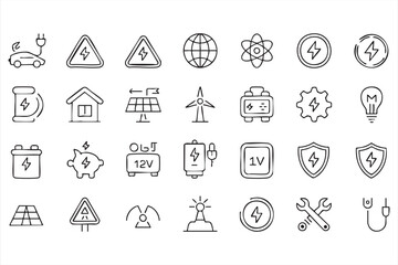 Fototapeta premium Clean energy icon set for electric vehicles, smart home systems and renewable power infrastructure