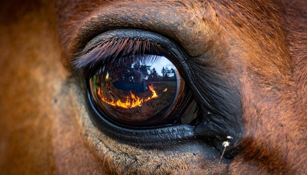 Intense Horse Eye Reflecting Fire and Forest, Close-Up Detail.