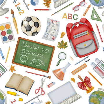Watercolor seamless pattern with school backpack, chalkboard, laptop, globe and stationery. Hand drawn back to school background with diverse learning elements, lab equipment and soccer ball.