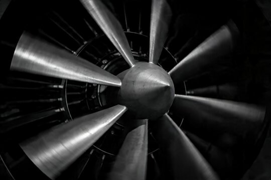 Silver Jet Turbine Engine Propeller Dark Close Up Tech
