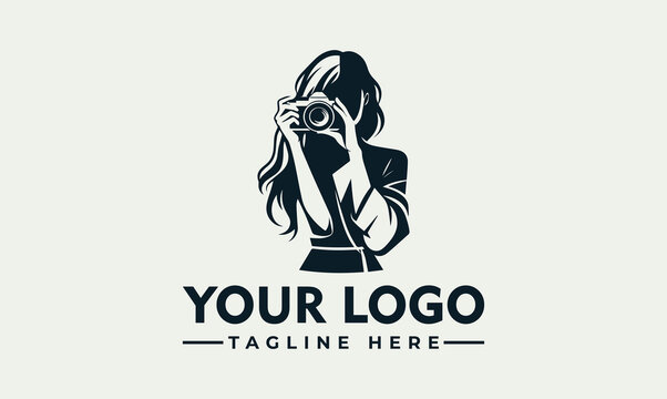 Female photographer holding a camera vector logo illustration for photography studio