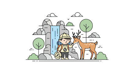 A young explorer with a backpack and compass stands beside a friendly deer in front of a scenic waterfall amidst rocky hills and trees. © Syifa