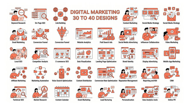Digital marketing strategy vector illustrations set covering online business promotion search engine optimization and analytics with e commerce marketing strategy business analytics promotion