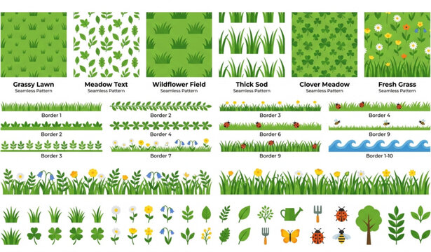 Green grass vector pack with seamless patterns and decorative lawn borders