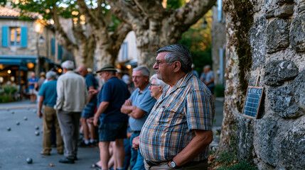 Obraz premium Pétanque evening game under plane trees in village square, steel boules catching last light, score being kept on small chalkboard propped on stone wall, players of mixed generations discussing point