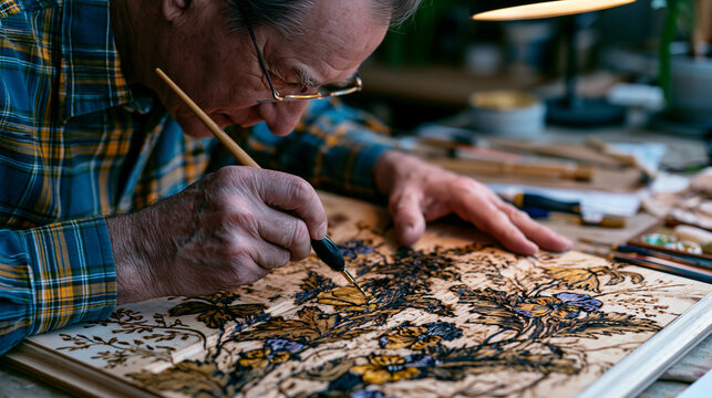 Pyrography and tole painting hybrid artist combining wood burning line work with hand-applied folk art botanical fills on a cabinet door panel, fine ball stylus and a rigger brush in use simultaneou