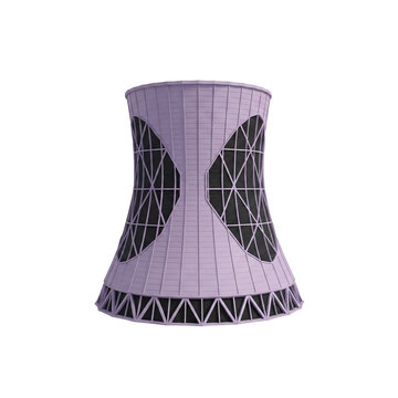 A modern, pastel purple cooling tower with a hyperbolic shape and dark geometric vents on a white background, representing industrial cooling systems.