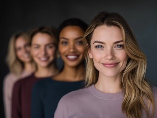 Obraz premium Diverse group of beautiful confident young women standing in a line smiling happily at the camera lens