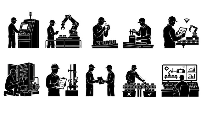 Smart Manufacturing and Quality Control Silhouette Set with Robotics, Inspection and Digital Factory Operations