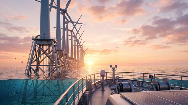 Offshore wind farm at sunset seen from a boat deck with a split underwater view of foundations and marine life