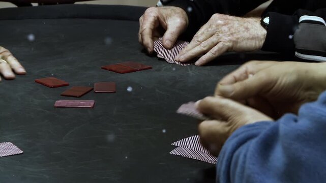 Elderly Men Playing Cards with Floating Dust Particles in Air - 4K
