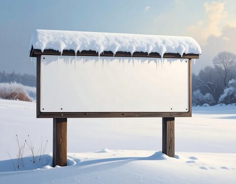 Snow Covered Blank Wooden Signboard Standing in Quiet Winter Field