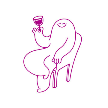 Vector naive graphic design logo template, cartoon mascot for wine bar and cafe, for advertising, branding, posters and banners, funny cartoon illustration with smiling character