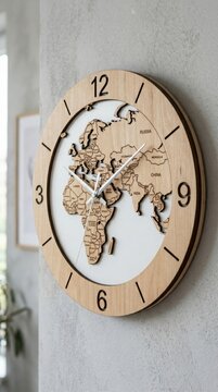 Round wooden wall clock featuring a laser-cut map on a white background
