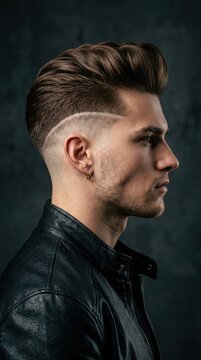 Profile view of a young man with a pompadour hairstyle and faded sides, wearing leather jacket