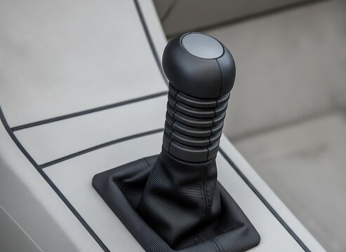 Closeup of a modern car gear shift lever with a textured black handle and leather boot