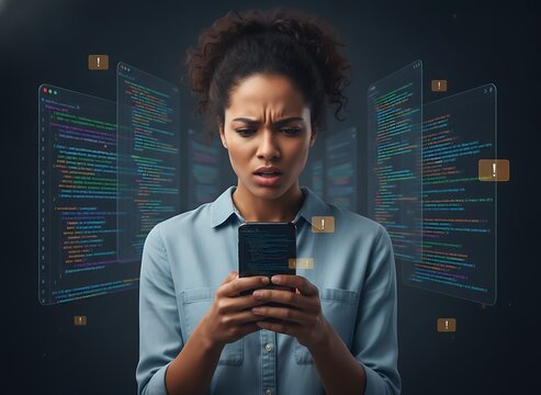 Frustrated female software developer looking at code errors on a smartphone screen