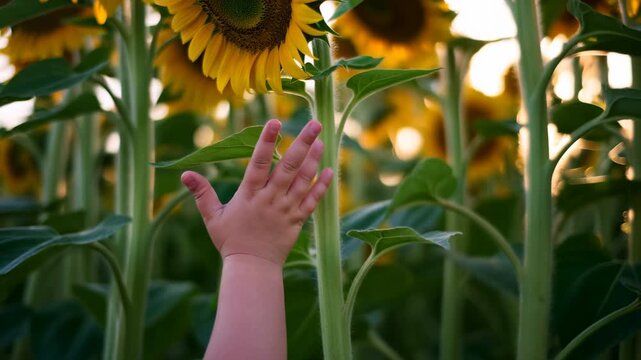 Child hand reaching upward through sunflower field at golden hour middle sequence