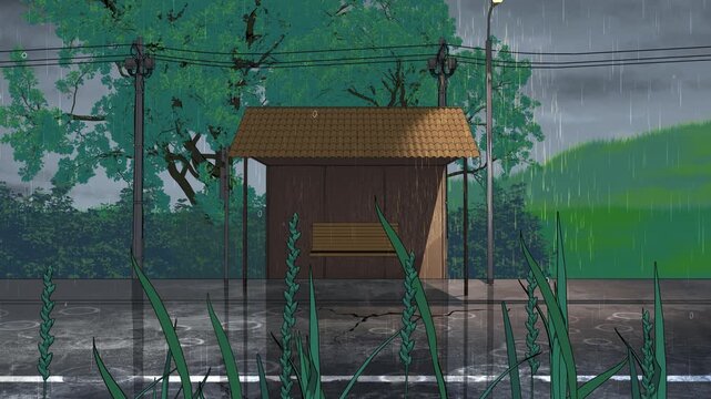 Rainy Japanese Rural Bus Stop &ndash; Summer Rain Loop 4K