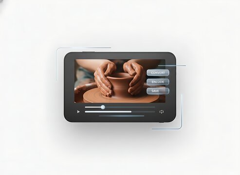 Digital video editing interface on a tablet screen showing a pottery craft process, featuring convert, encode, and save buttons isolated on white background