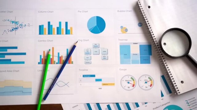 Detailed financial data analysis with magnifying glass and graphs on desk finance charts business report paperwork