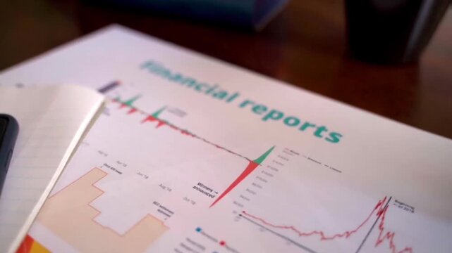 Financial report document with market trends chart and professional analytics charts graphs data analysis business