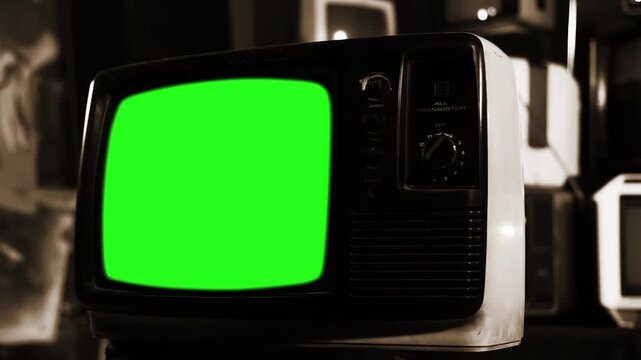 Vintage Retro TV with Green Screen Mockup Display and Sepia Background, Zoom Out - 4K