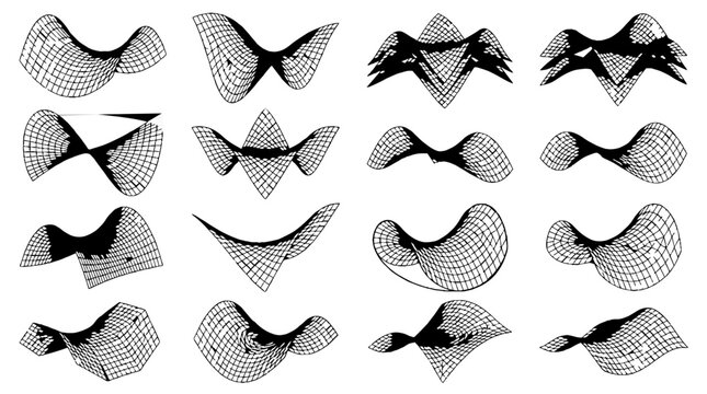Collection of abstract black and white geometric wireframe shapes with distorted mesh patterns.