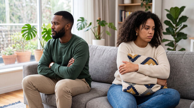 Couple sitting on couch in living room with tense expressions during a disagreement in the afternoon