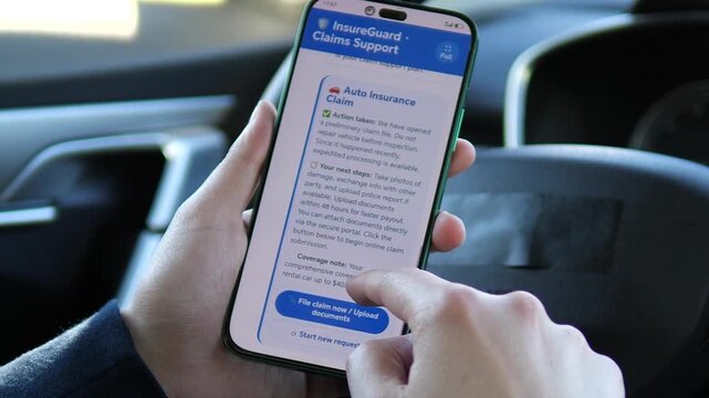 User reviewing immediate action steps for an auto insurance claim. Instructions for taking photos and exchanging information. Ideal for roadside assistance, accident response, and insurtech UX stock