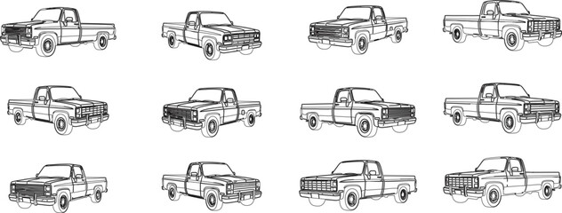 Vintage pickup truck outline collection, classic transport vehicle line art cars retro automobile illustration set isolated transport design elements © LatifunNahar