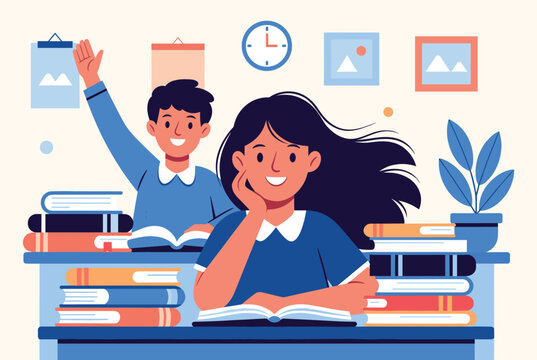 Smiling young schoolboy raising his hand while sitting with cheerful girl classmate at school desks with stack of books in classroom.