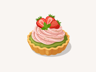 Pink Cream Strawberry Mini Tart Vector Illustration. Isometric Matcha Fruit Tartlet with Mint Leaf and Sliced Berries, Isolated. © Akasha Design