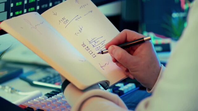 Writing tasks in a planner with pen while analyzing financial market trends on computer screen in a home office setup
