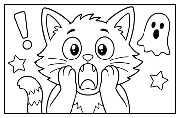 Cute surprised cat illustration for children coloring book page with spooky ghost and star elements © Hokyubi
