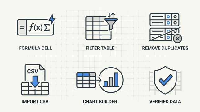 Data analysis icons set for business and finance including formula cell, filter table, remove duplicates, import csv, chart builder, verified data.