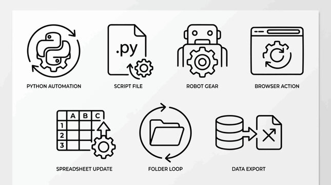 Automation and scripting icons set including python automation script file robot gear browser action spreadsheet update folder loop and data export tools.