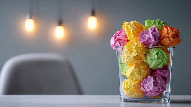 Ideas Overflowing: A clear glass filled with colorful crumpled paper balls sits on a desk, symbolizing a wealth of ideas, creativity, and brainstorming in a modern office setting.