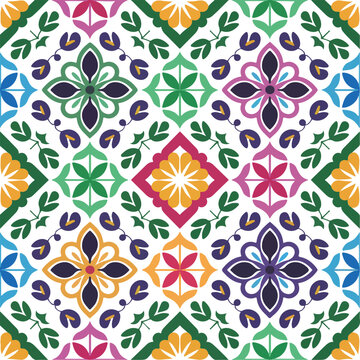 Portuguese azulejo seamless pattern with colorful geometric flowers and green leaves. Mediterranean ceramic tile vector design with vibrant floral mosaic ornaments. 