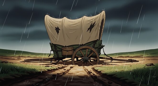 Covered wagon cartoon stuck in mud during a rainstorm