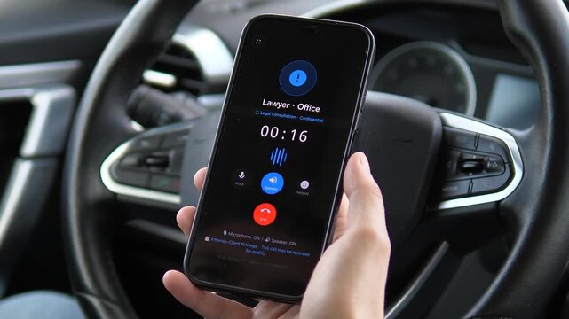 Person having a legal consultation with a lawyer via a mobile app while in a car. Features a realistic UI with a call timer and privacy alerts. Perfect for legal service promos, law blogs, and
